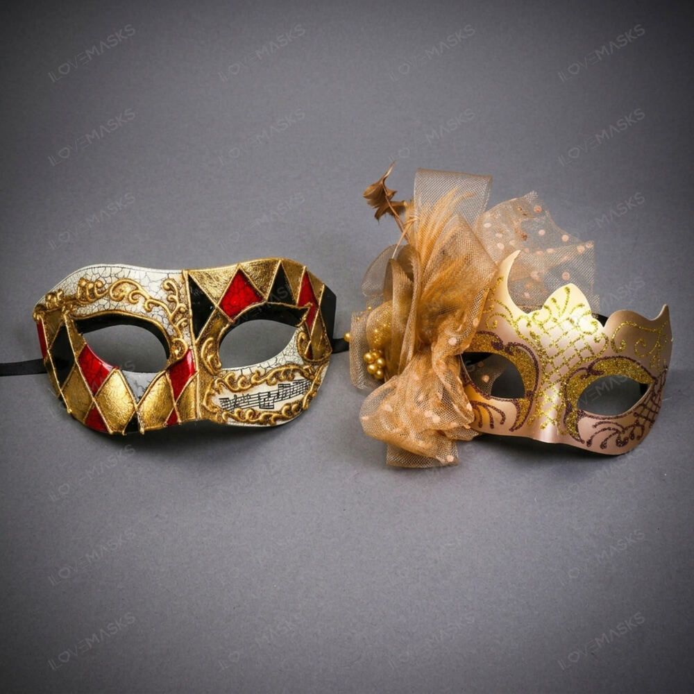Venetian Jester Harlequin Glitter Bow Masquerade Mask Gold Red Halloween